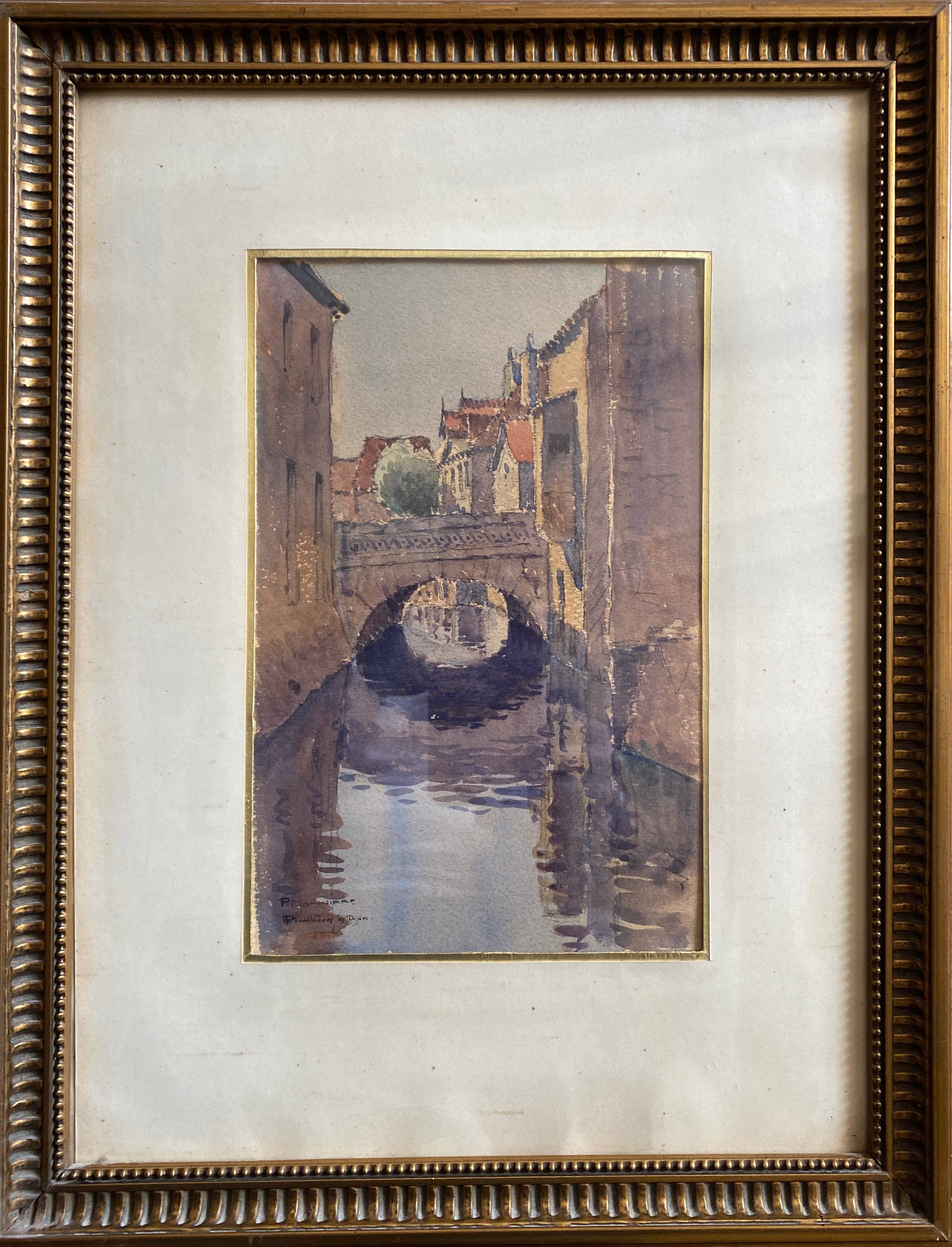 Watercolor painting by paul monnier "plombières les dijon" and frame