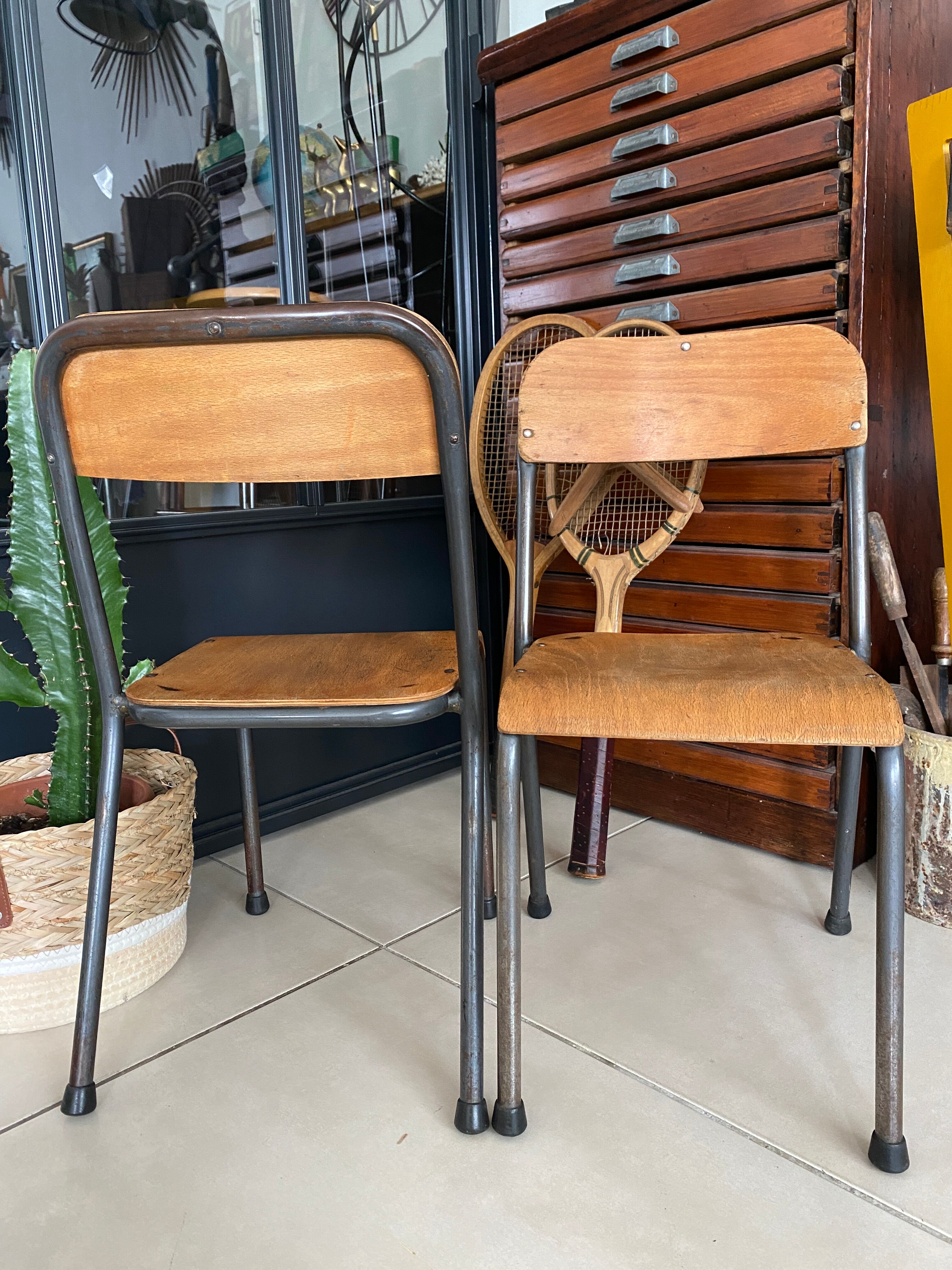 Pair of wooden and metal children's chairs