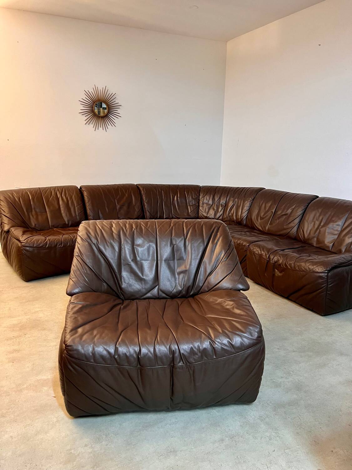 Large modular sofa with brown leather armchair 80s design dreipunkt vintage sofa