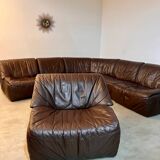 Large modular sofa with brown leather armchair 80s design dreipunkt vintage sofa