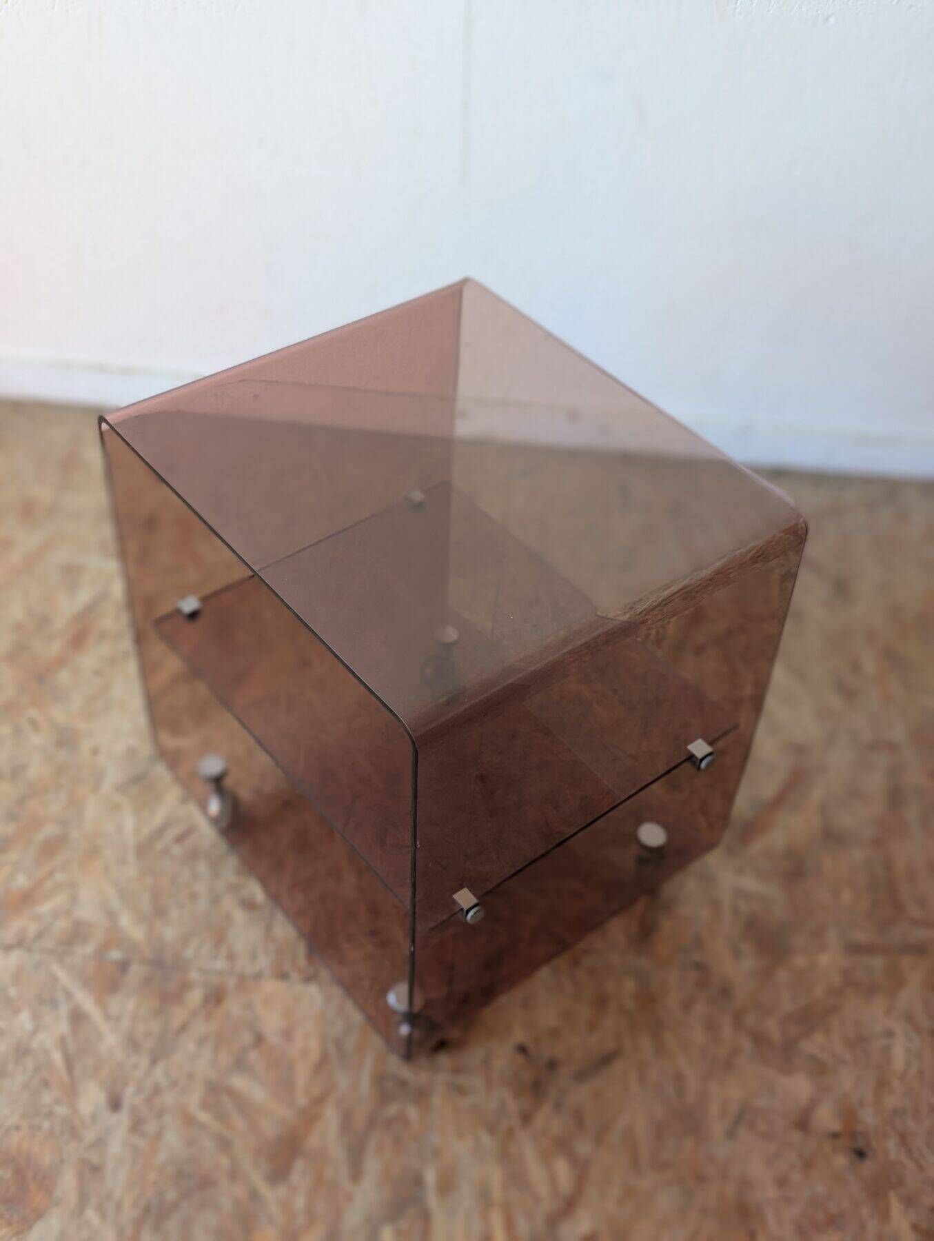 Pair of vintage smoked plexiglass bedside tables or accent furniture.