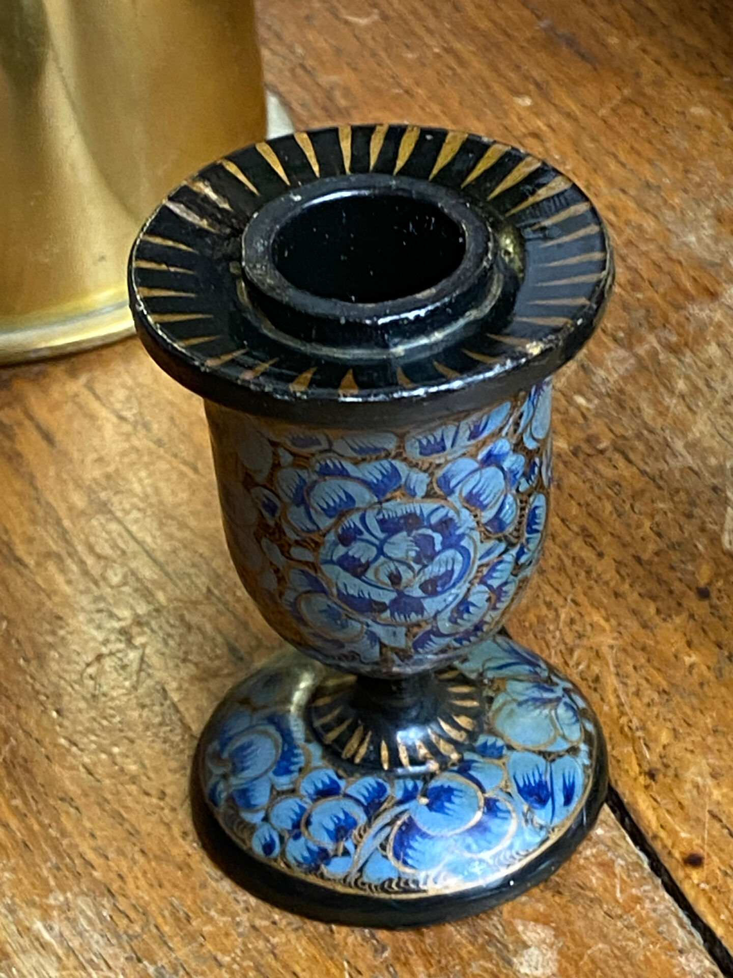 Pair of Kashmiri candlesticks, lacquered papier-mâché