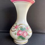 Vase Napoleon III in white opaline with floral decoration with gilding