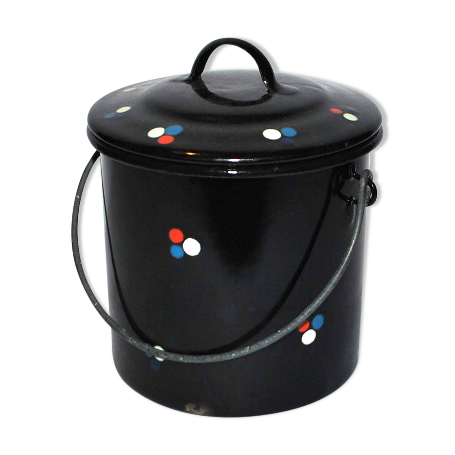 Boite émaillée vintage en métal émaillé marine à pois - pot couvert ou seau à glace déco de cuisine