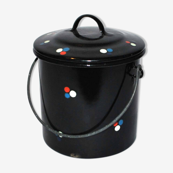 Vintage enameled box in navy enameled metal with polka dots - covered pot or kitchen decoration ice bucket