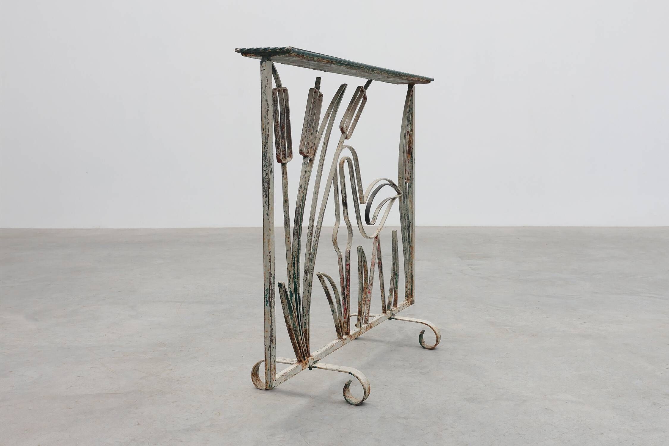 Art Deco Wrought Iron Plant Stand with Heron and Bulrushes, France, Circa 1