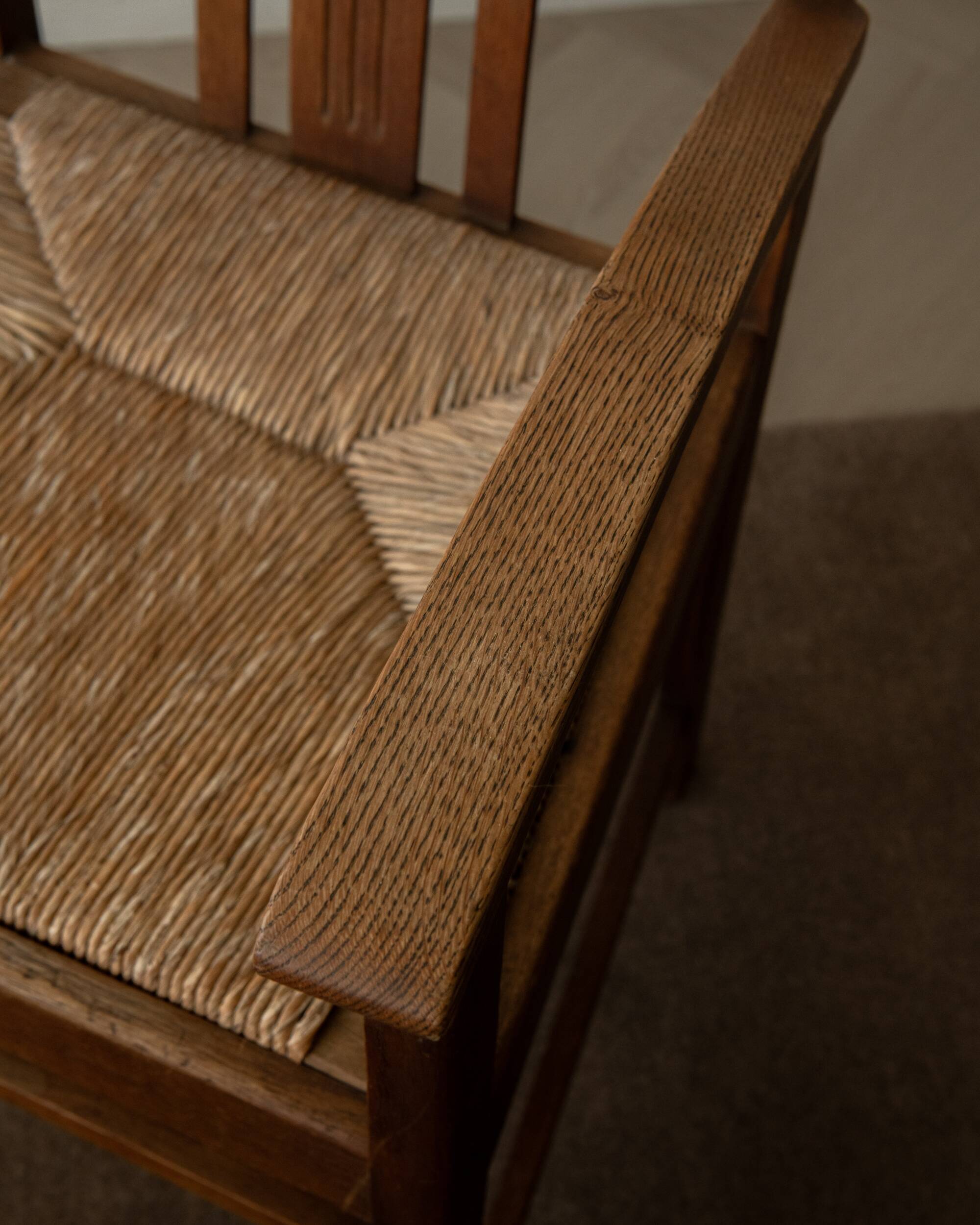Dutch Art Deco Oak and Rush Armchair, Amsterdam School, 1920s