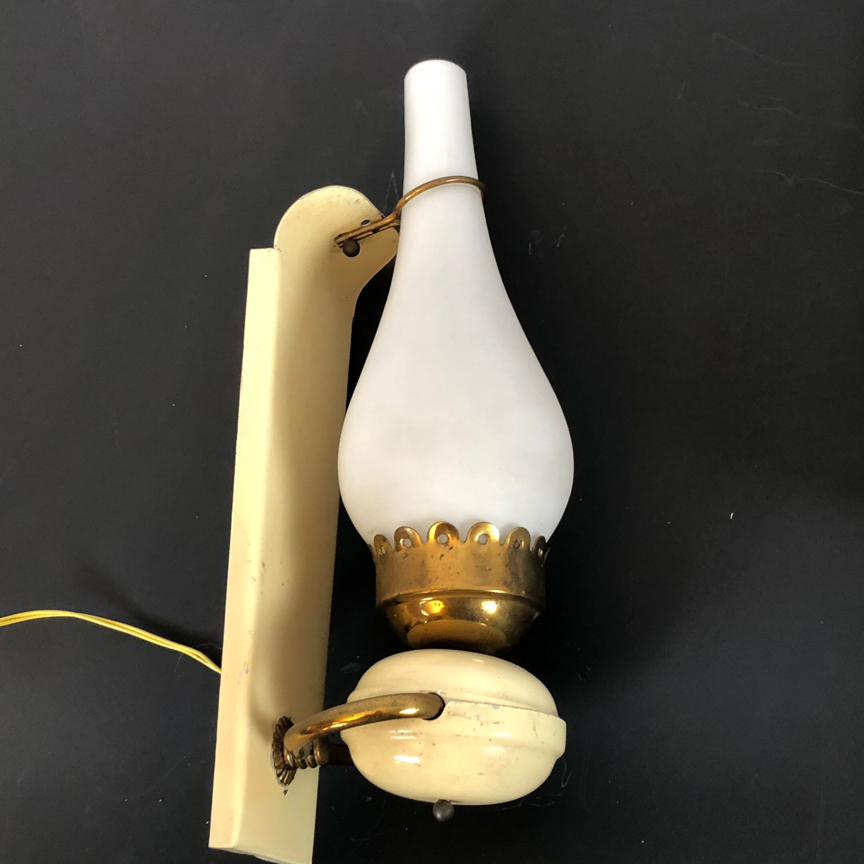 Vintage Italian brass, lacquer and opaline glass sconces from 50s. Set of two