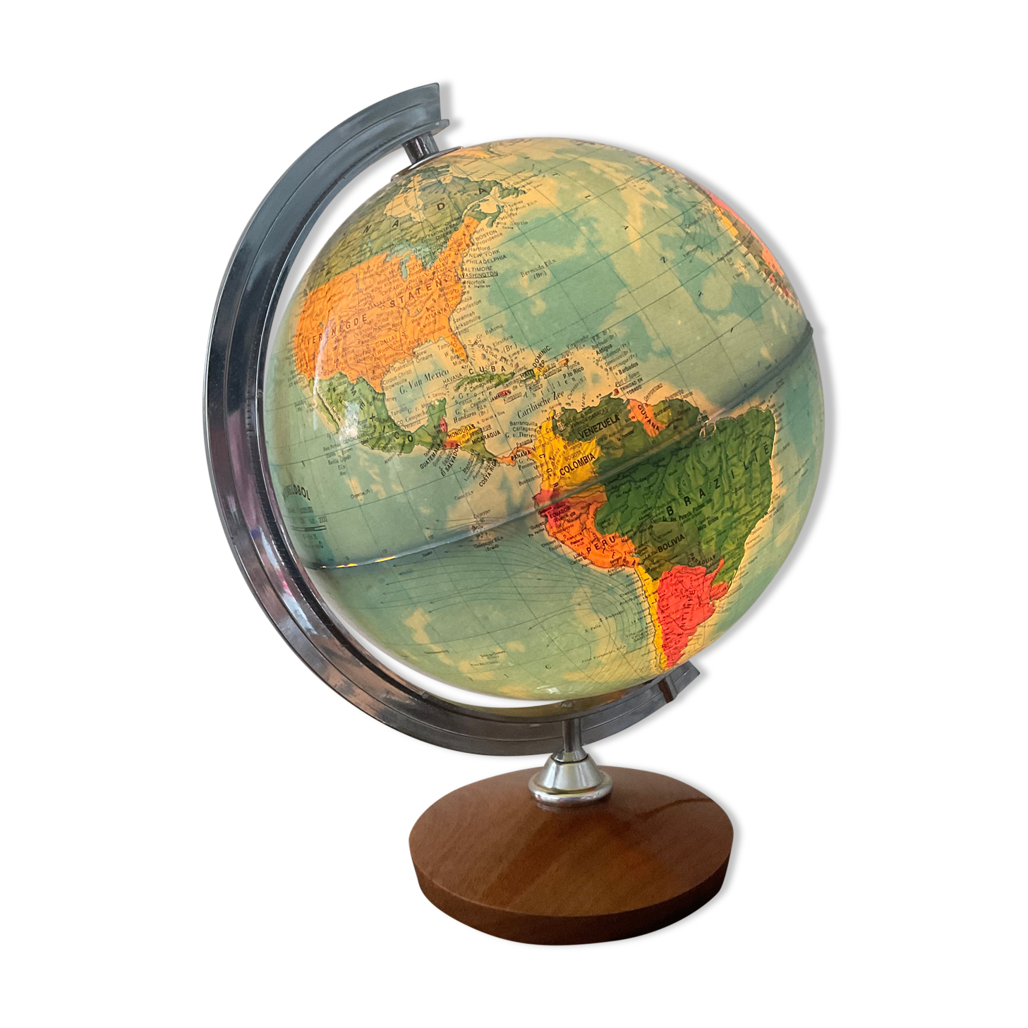 Bright vintage world map with wooden foot