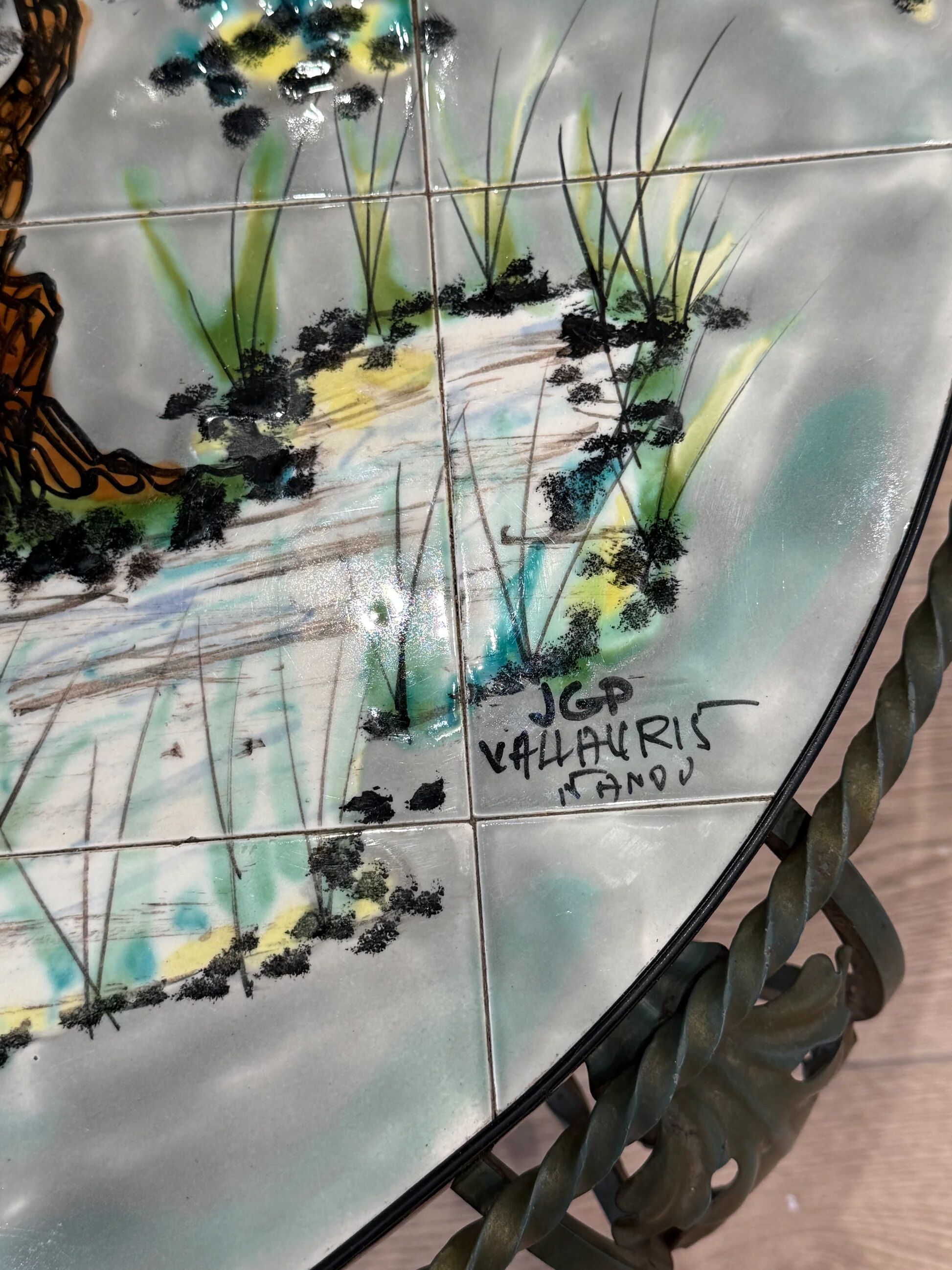 Vintage coffee table J&G Picard Vallauris – Glazed ceramic top with Japonese-style decoration