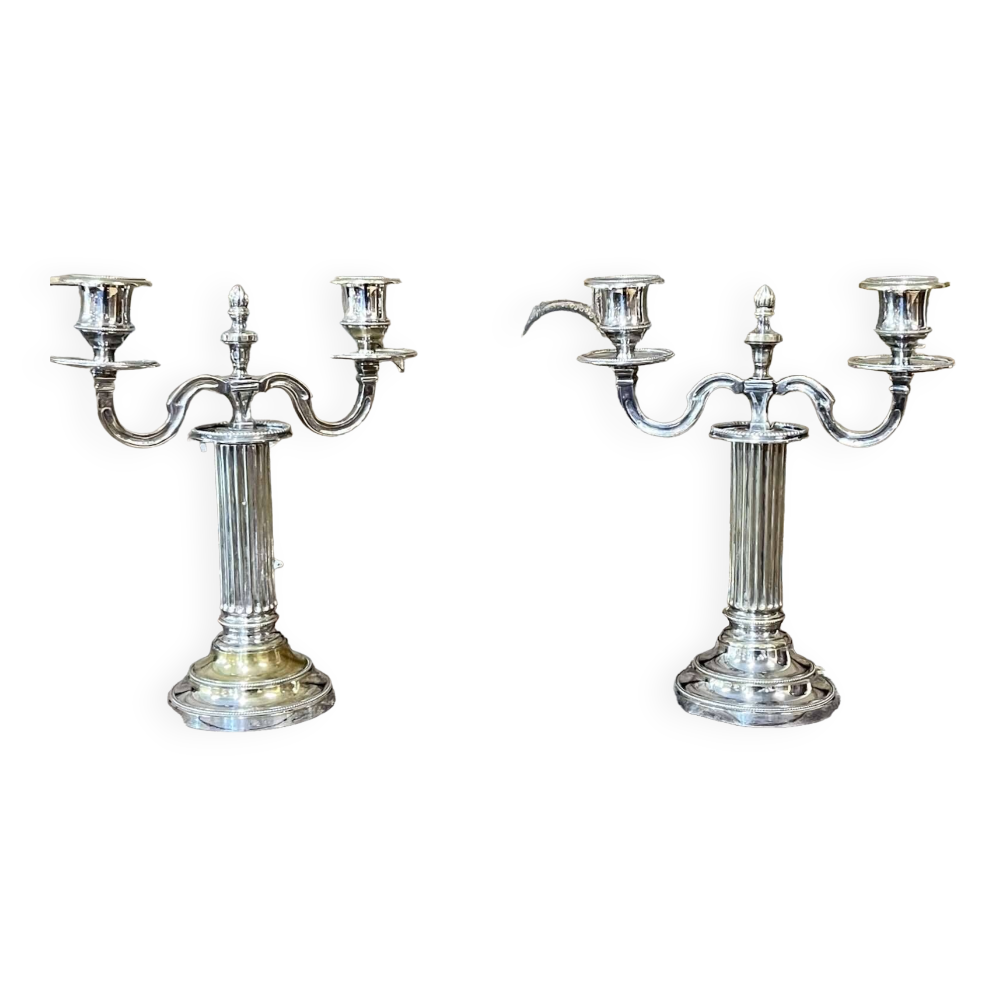 Pair of 2-branched candlesticks in silver metal