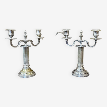 Pair of 2-branched candlesticks in silver metal