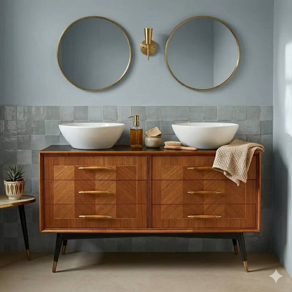 Vintage mahogany veneered commode with basins, 1960s design.
