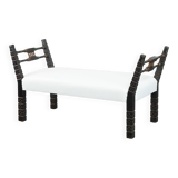 Unique late 19th-century window bench in Moorish style with beautiful colors and newly upholstered