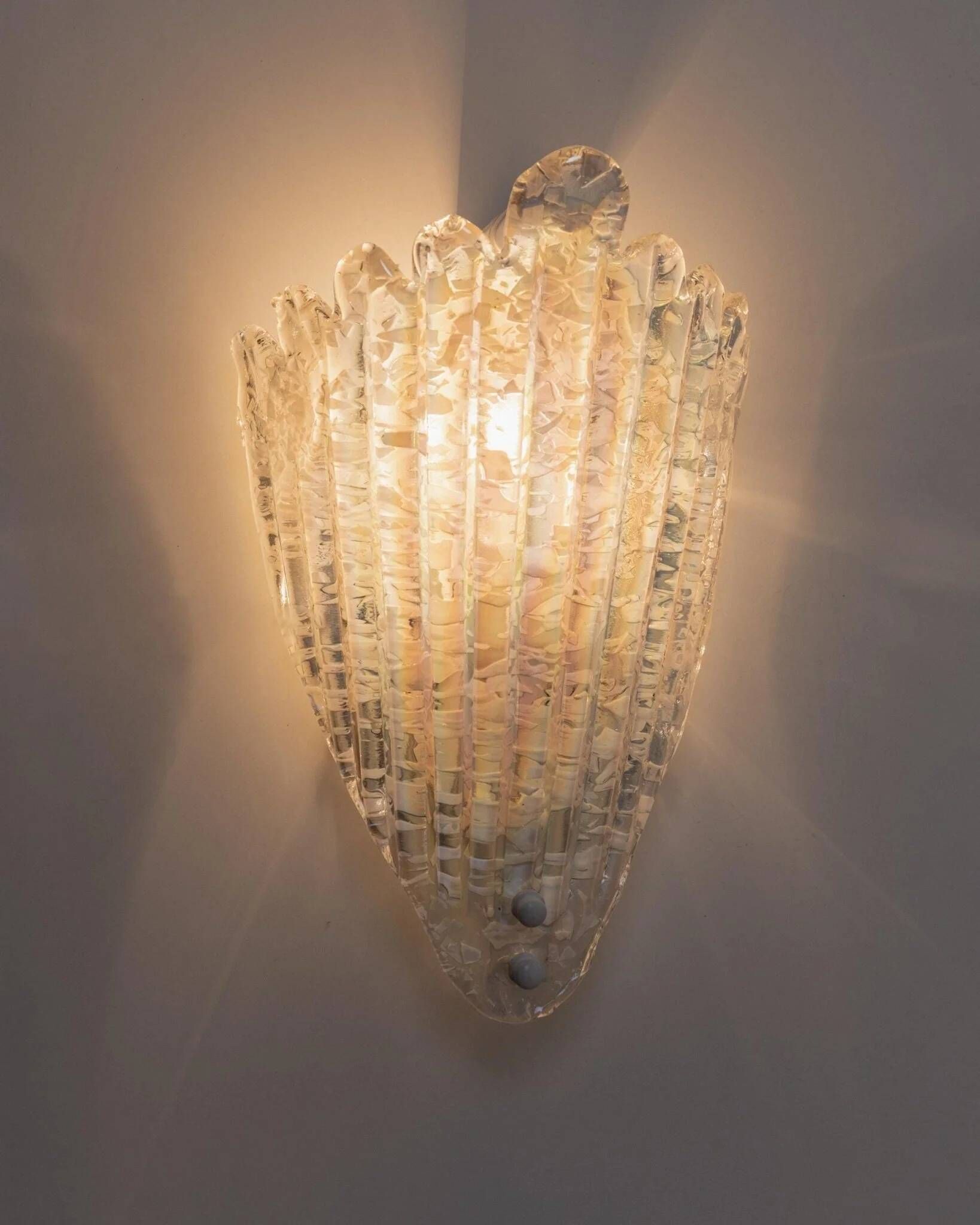 Vintage Murano Glass Shell Wall Lamp in Opal White with Gold Metal Backplate, Italian 1970s Design