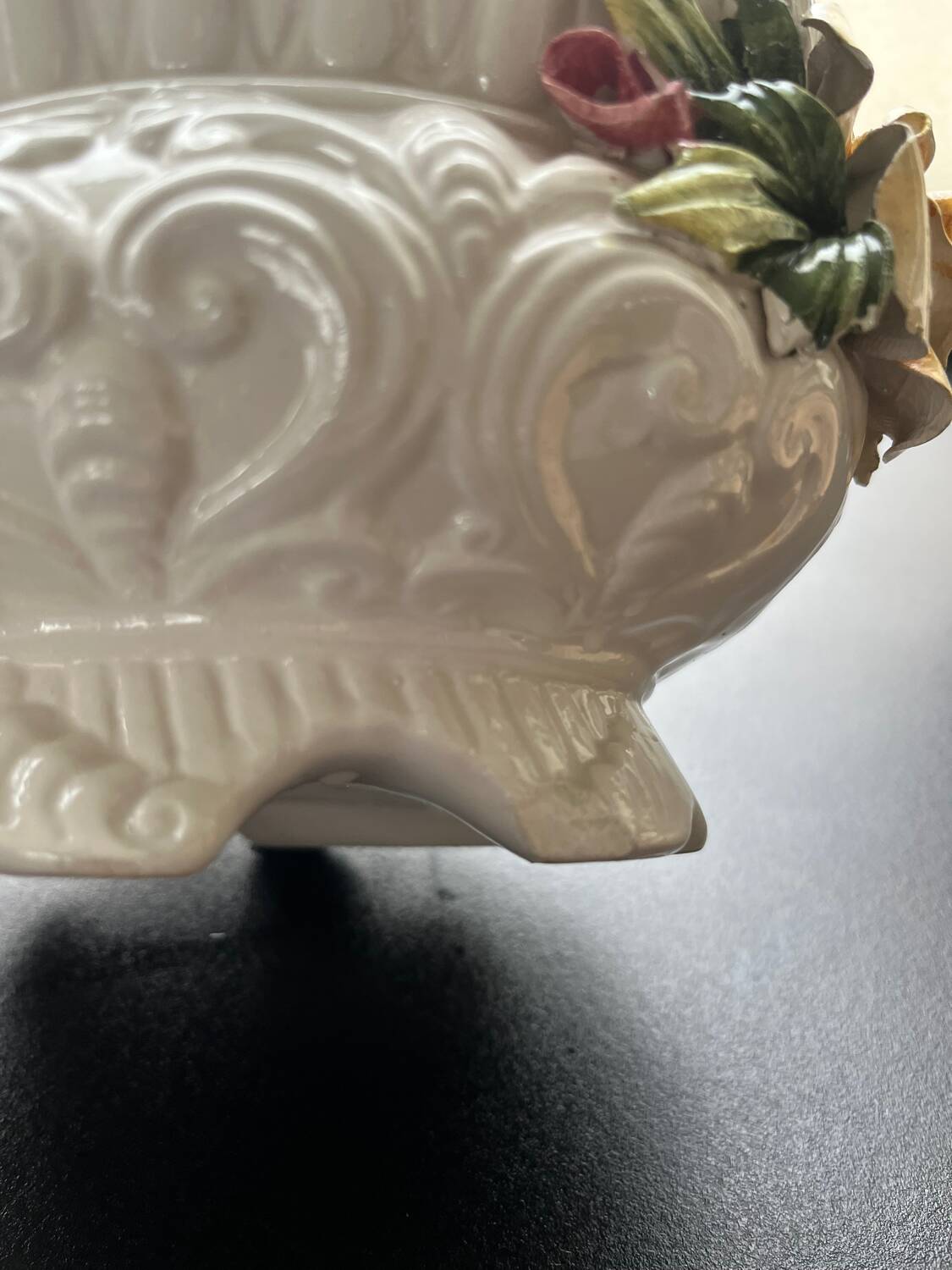 Capodimonte-style porcelain lidded sugar bowl with floral relief