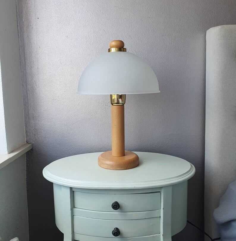 Vintage wooden table lamp with 1980 glass lampshade