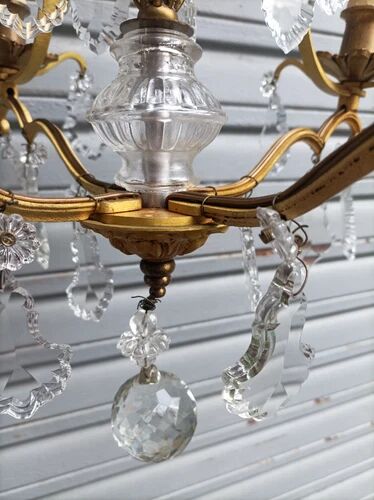 Rare antique cage chandelier in gilded bronze and crystal, 4 lights / WORKING CONDITION GAU?