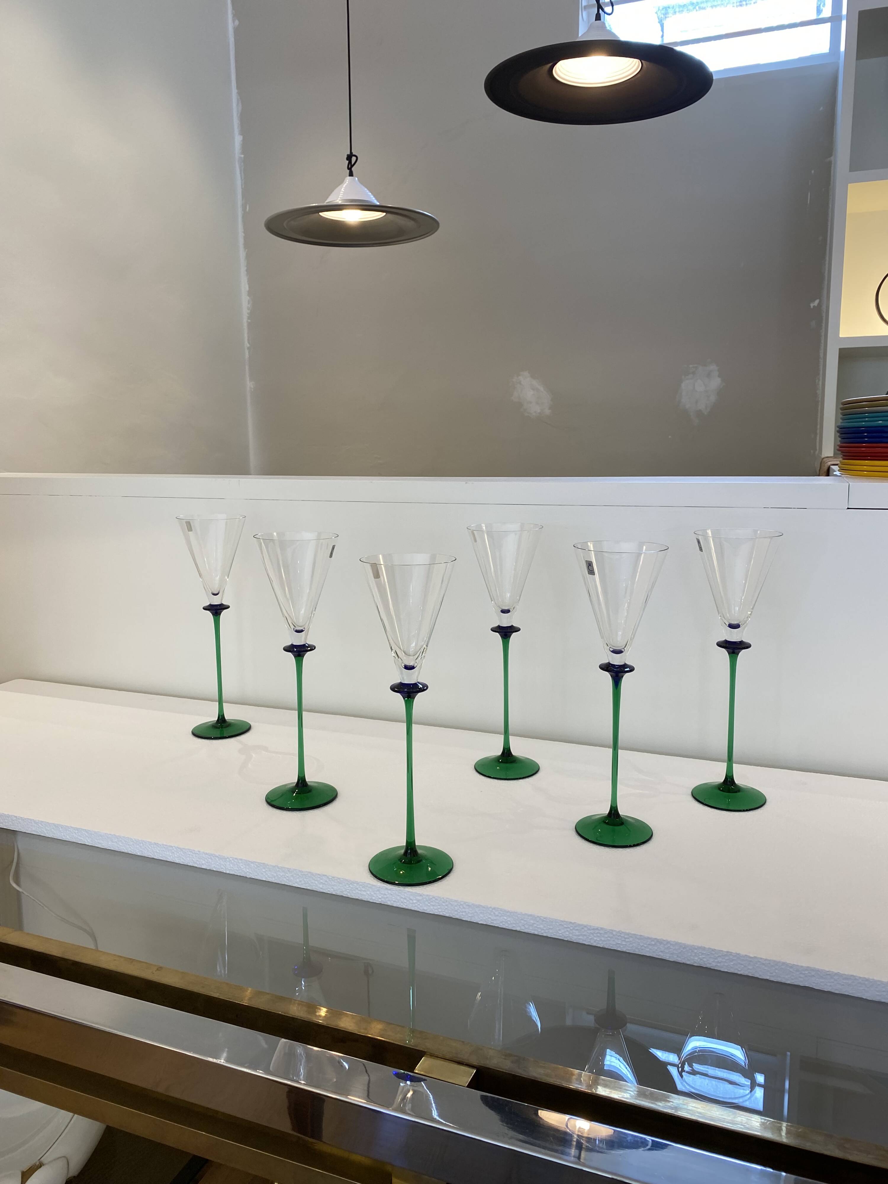 A Set of 6 Hand-blown Emerald Green Cobalt Blue Stem Champagne Flutes Art