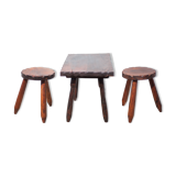 Set of coffee table and 2 carved wooden stools, brutalist