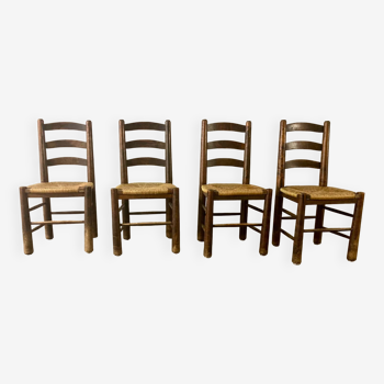 Chaises brutalistes bois et paille Georges Robert