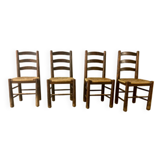 Chaises brutalistes bois et paille Georges Robert