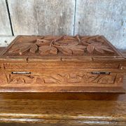 Antique Secret Jewelry Box Carved Walnut Wood 2 Compartments Vintage