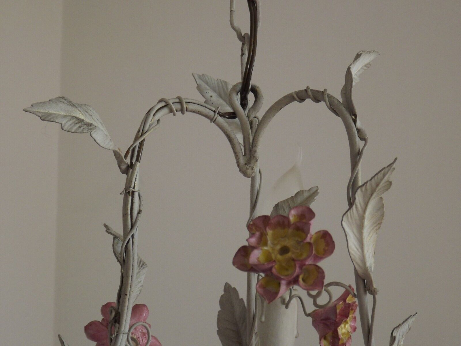 Italian tole ware 3 light cage chandelier with porcelain flowers