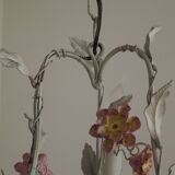 Italian tole ware 3 light cage chandelier with porcelain flowers