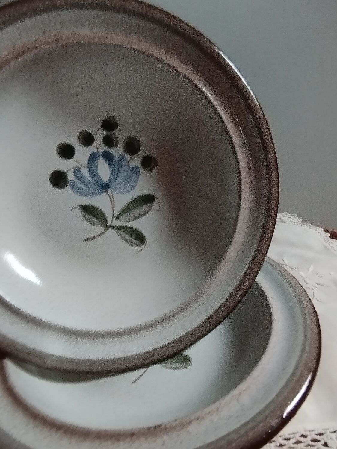 Soup plates, beige stoneware with gray/blue flower by MBFA Pornic model Fanchon, set of 6
