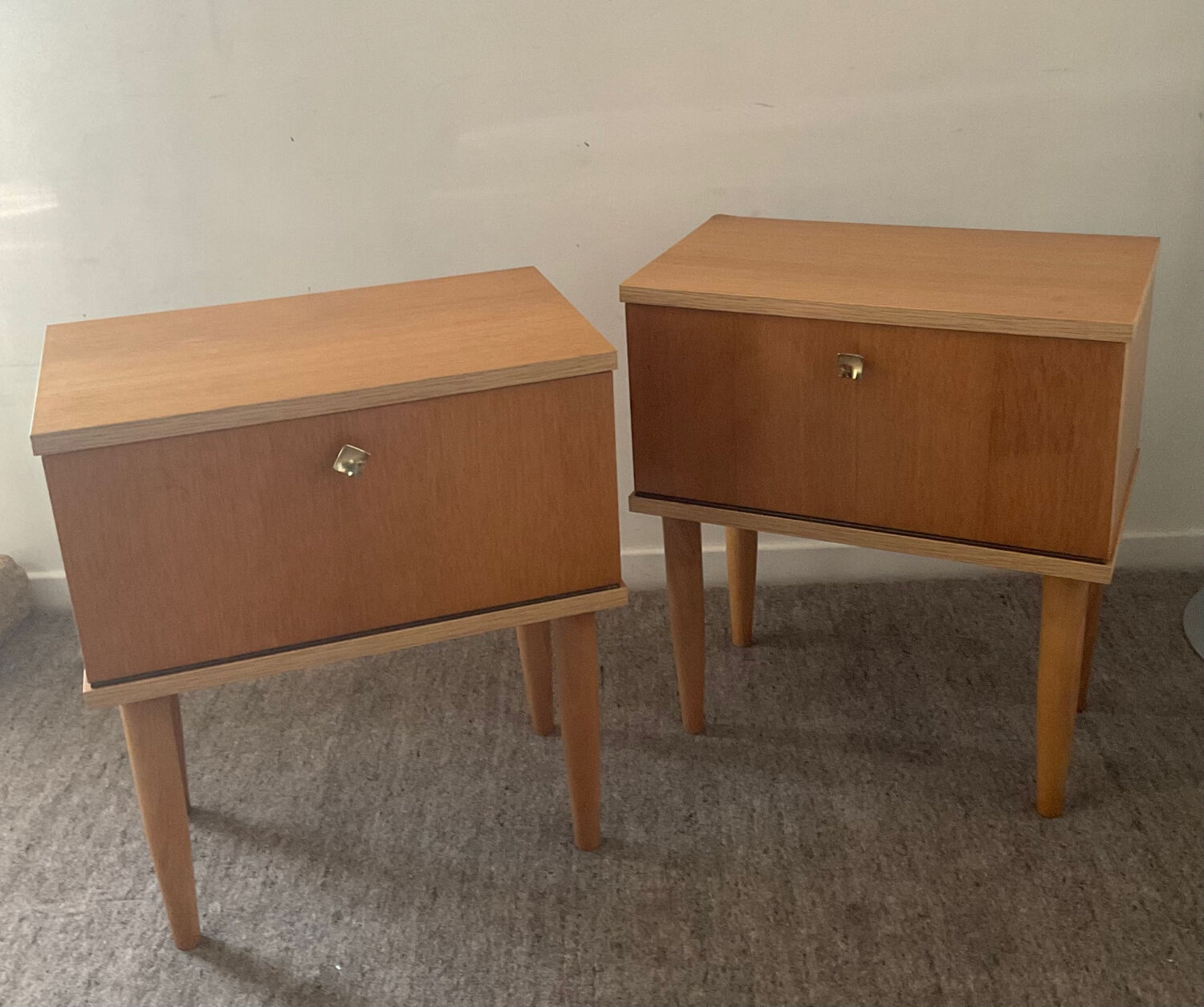 Pair of vintage blond wood bedside tables 70s