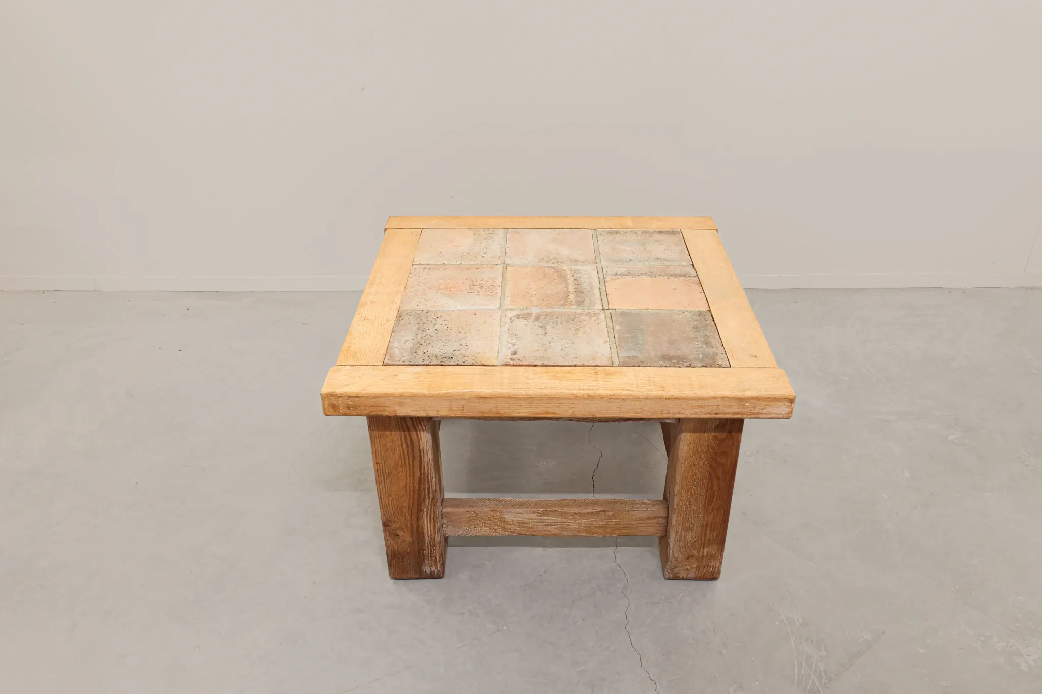 Brutalist Oak Coffee Table with Red Terracotta Tiles, 1950s
