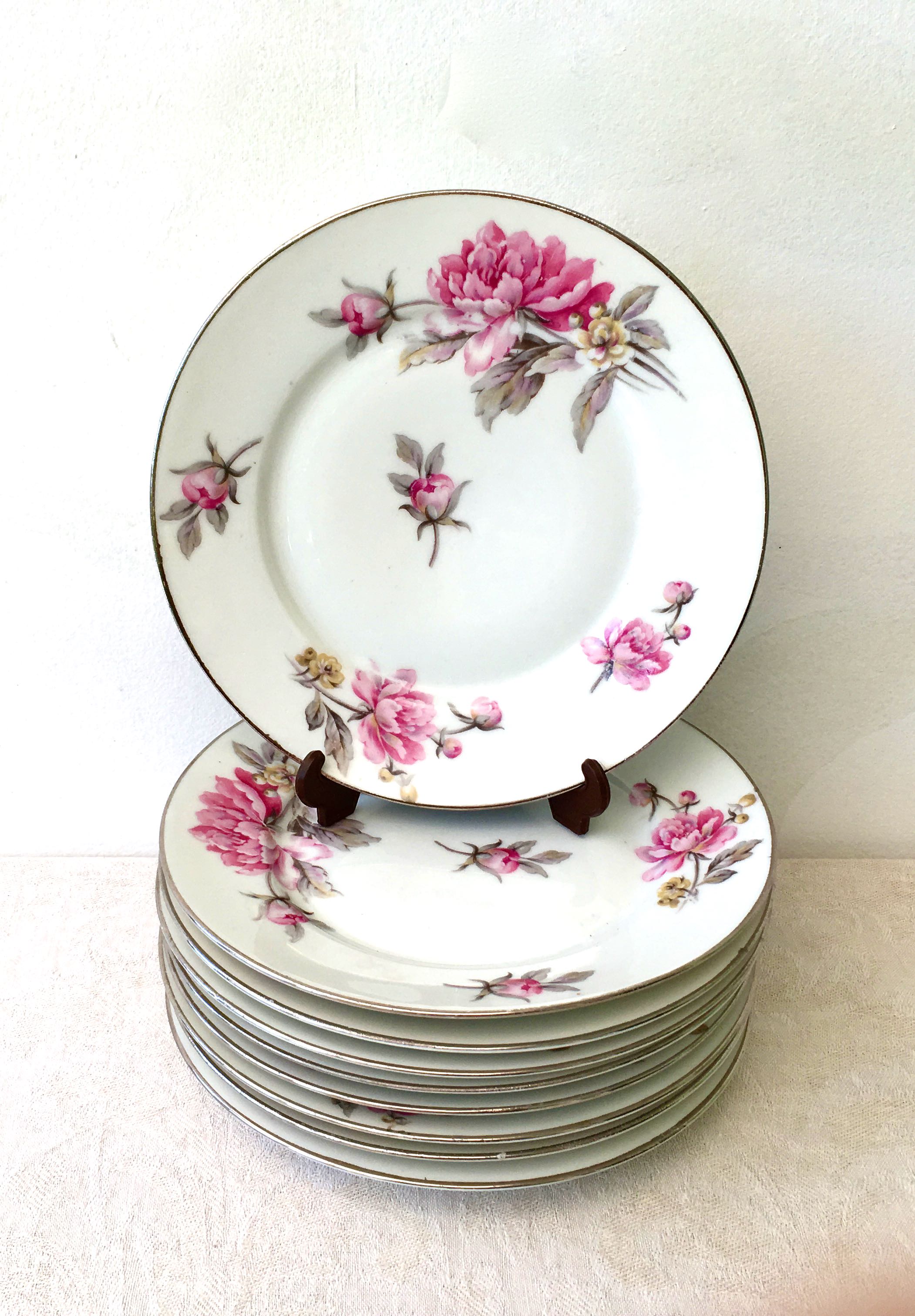 Set of 8 pink peony dessert plates