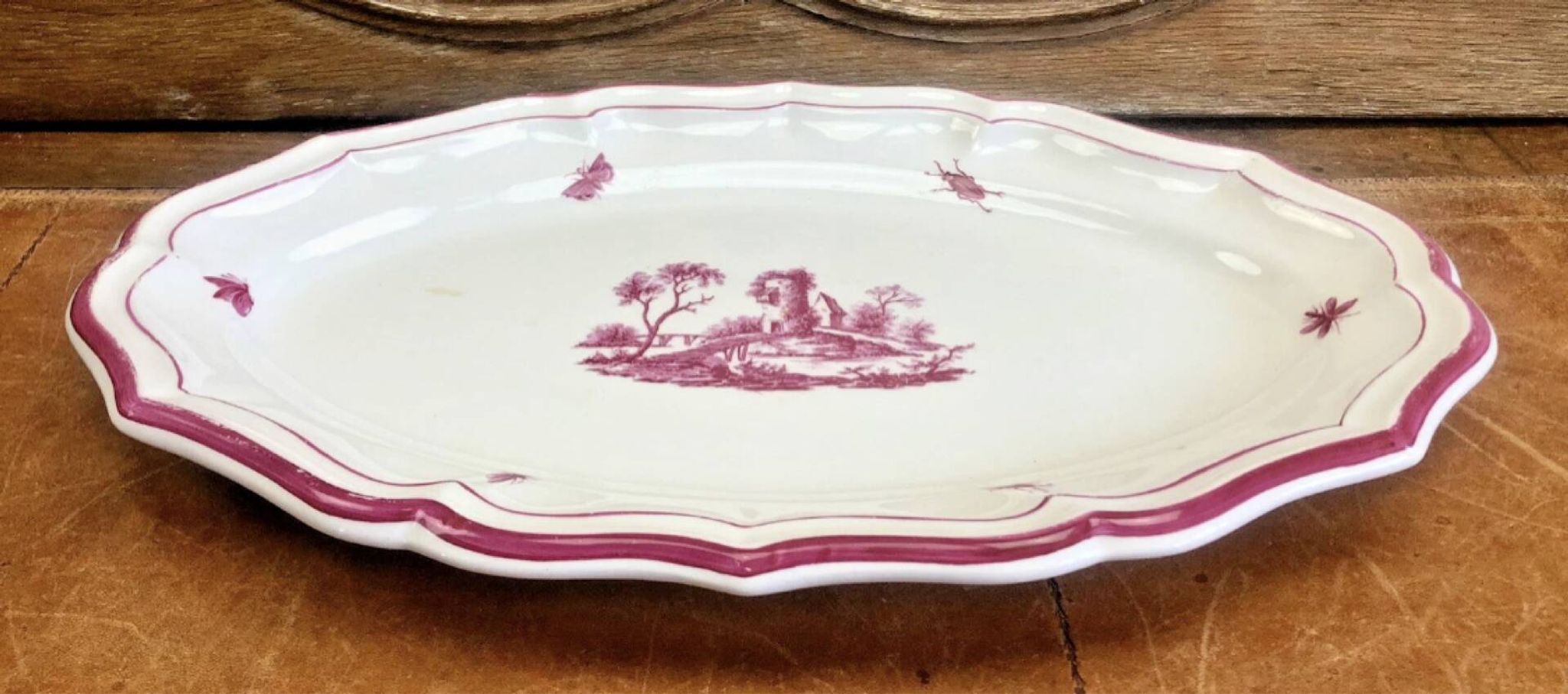 Old oblong oval dish 41.5 x 27 Gien model landscape pink 1938/1960