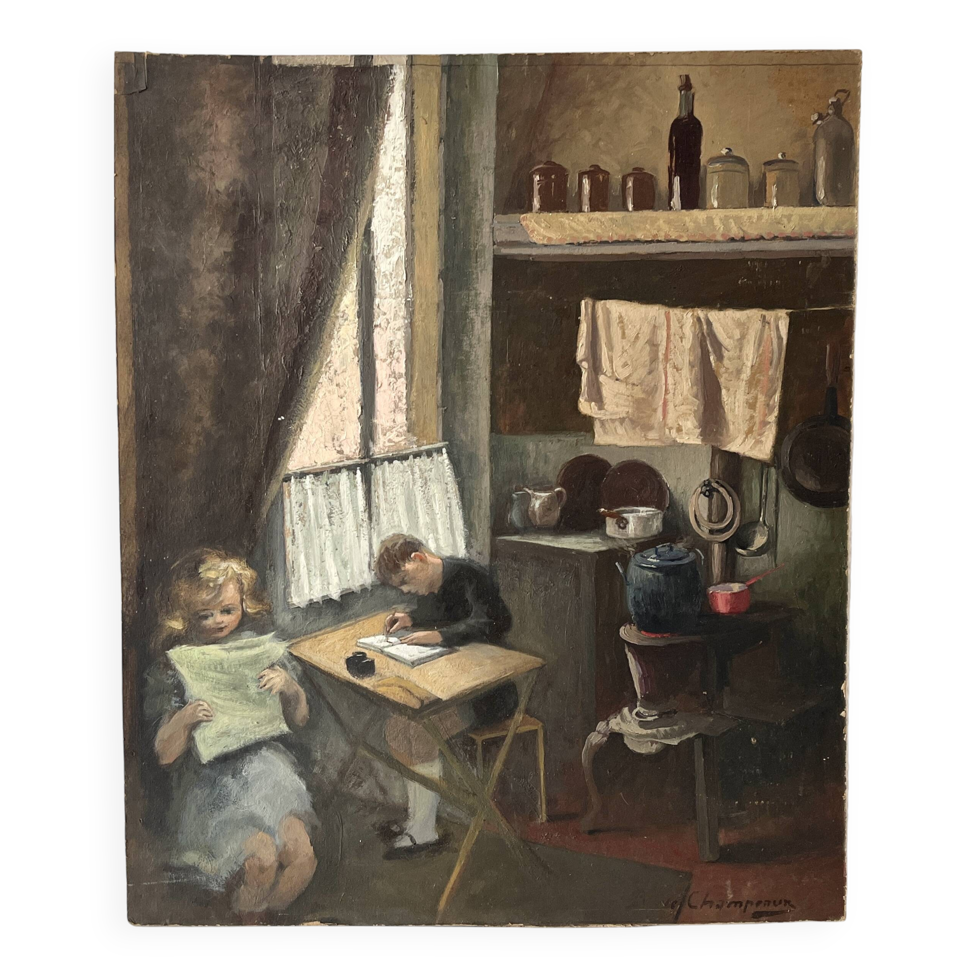 Oil painting of an interior scene 1940, portrait of children signed