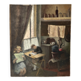 Oil painting of an interior scene 1940, portrait of children signed