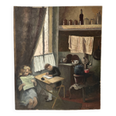Oil painting of an interior scene 1940, portrait of children signed