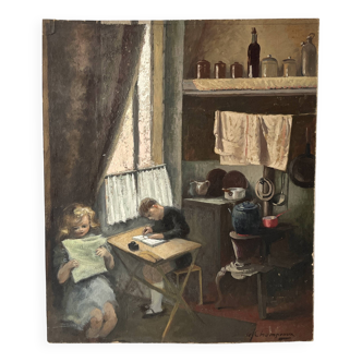 Oil painting of an interior scene 1940, portrait of children signed