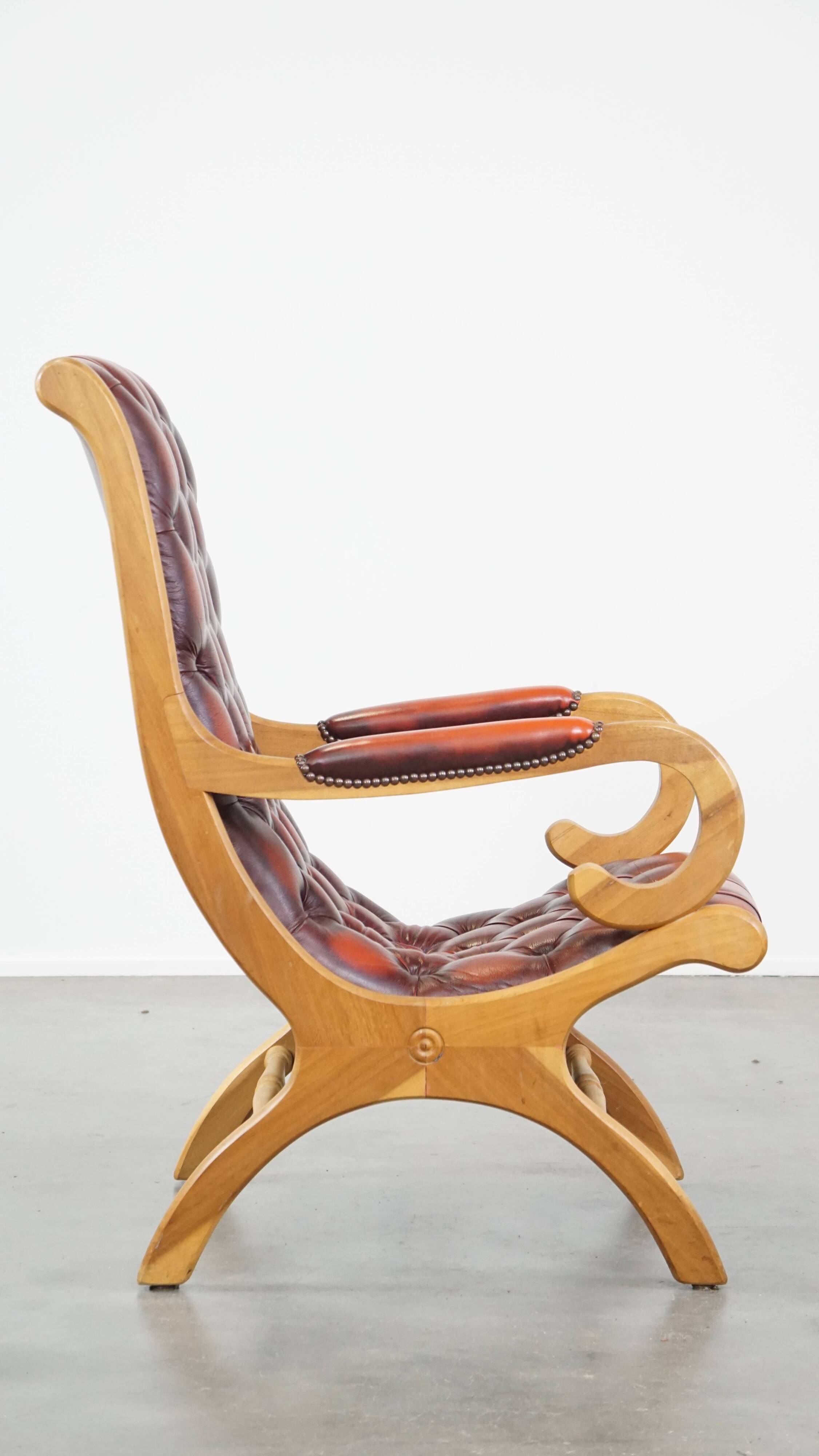 Red flame-grained English cow leather chesterfield armchair