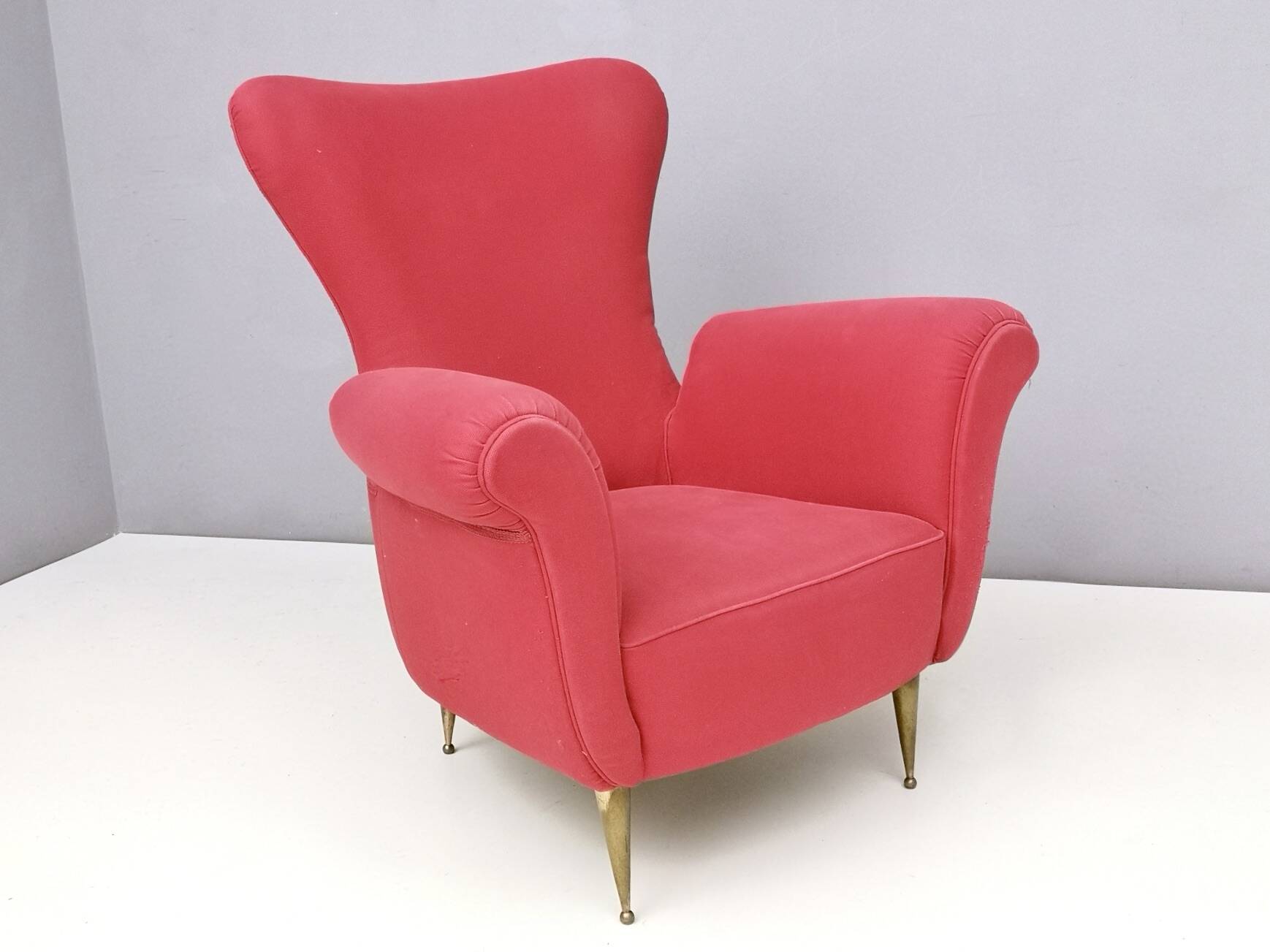 Wingback Red Cotton Armchair with Brass Feet, Italy
