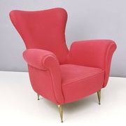 Wingback Red Cotton Armchair with Brass Feet, Italy