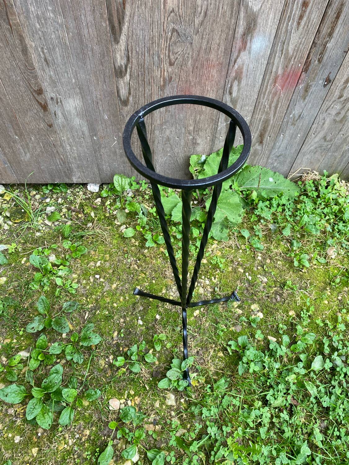 Antique copper ashtray on wrought iron stand twisted black vintage
