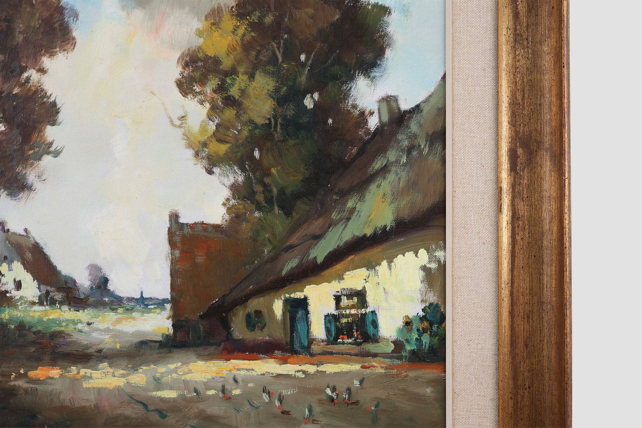 Belgian Painting of a farm scene with gilded wooden frame by Jos Pauwels, 1