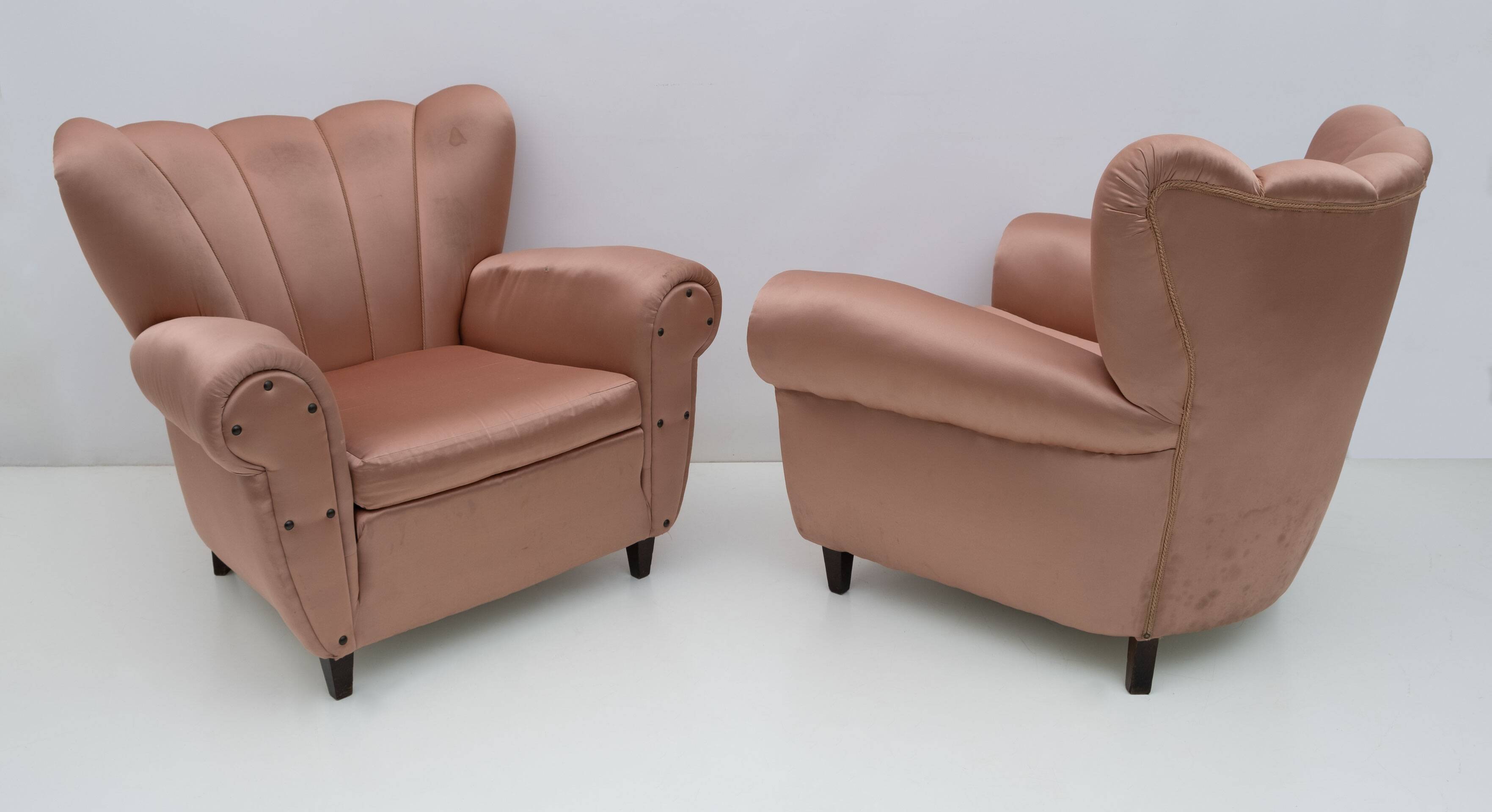 Pair of Mid-Century Modern Italian Satin Armchairs, 1950s