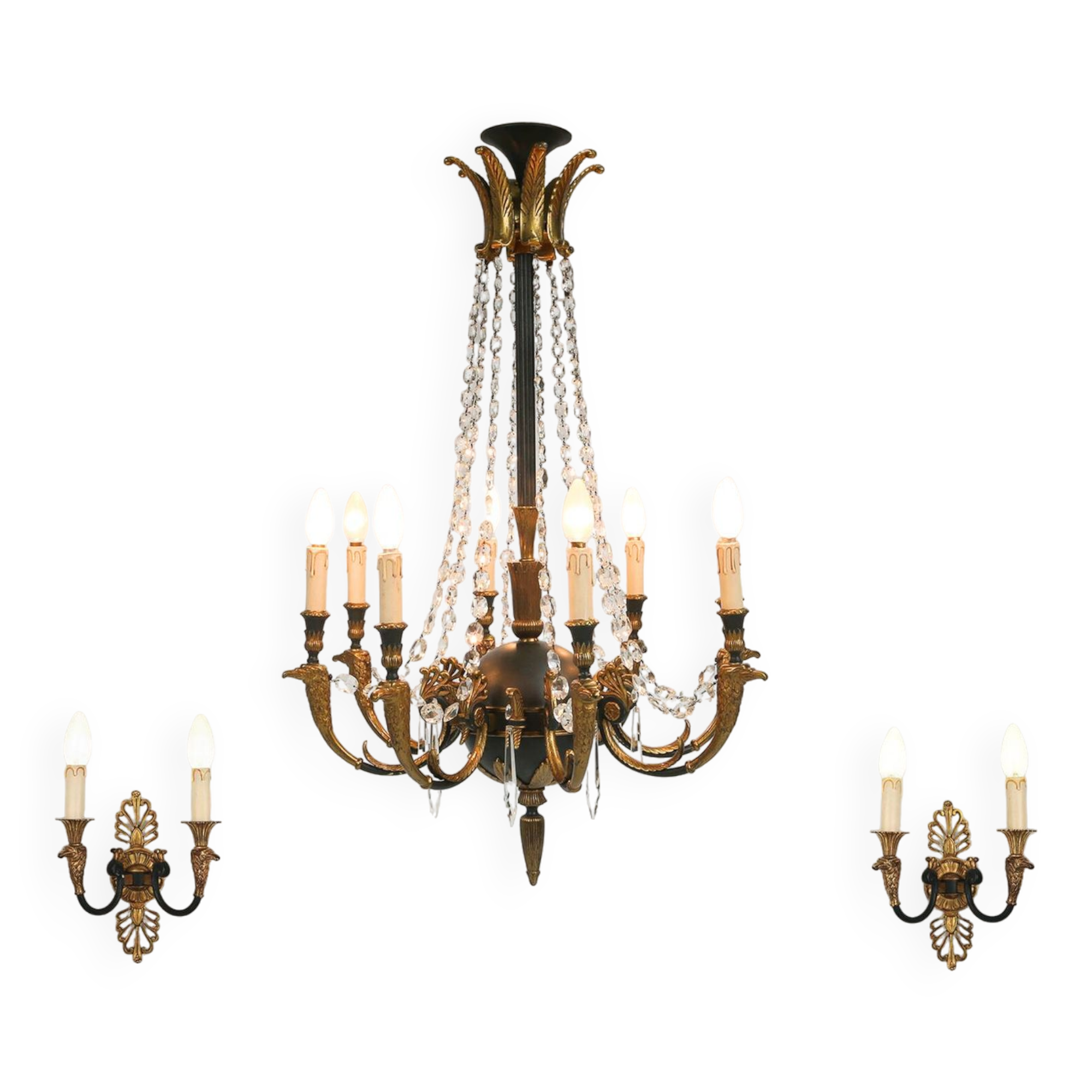 Impressive set of a large bronze Empire Chandelier with 2 wall lights, Belgium ca. 1950