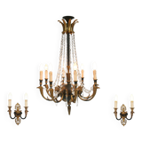 Impressive set of a large bronze Empire Chandelier with 2 wall lights, Belgium ca. 1950
