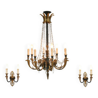 Impressive set of a large bronze Empire Chandelier with 2 wall lights, Belgium ca. 1950