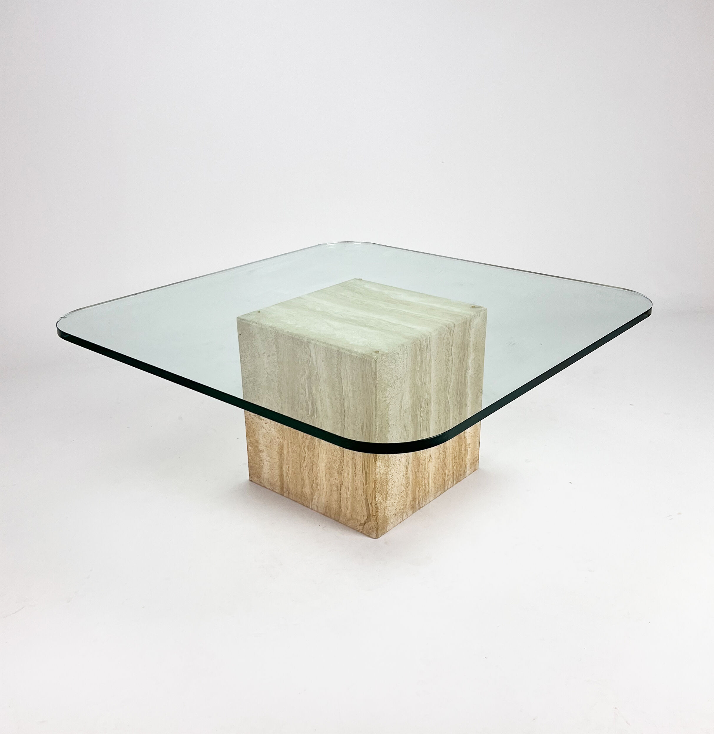Mid century handmade glass coffee table with travertine base, 1960s