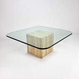 Table basse en verre faite à la main du milieu du siècle avec base en travertin, années 1960