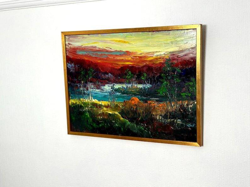 Huile su panneau suédoise "Murmures de la forêt" vintage et encadrée